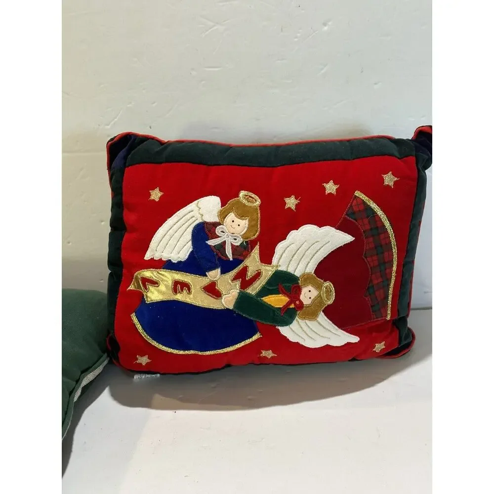 lot of 2 vintage christmas throw pillows red and green I believe in angel + noel